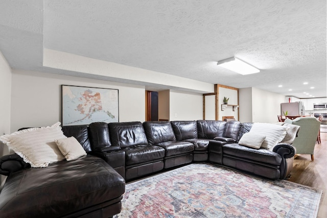 living room with a textured ceiling and hardwood / wood-style flooring