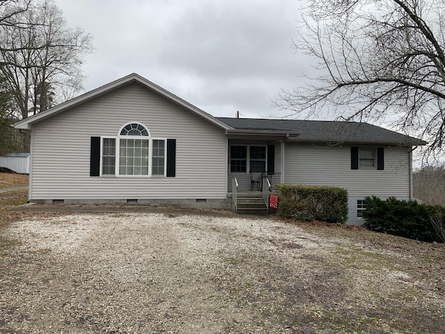 single story home with crawl space and a shingled roof