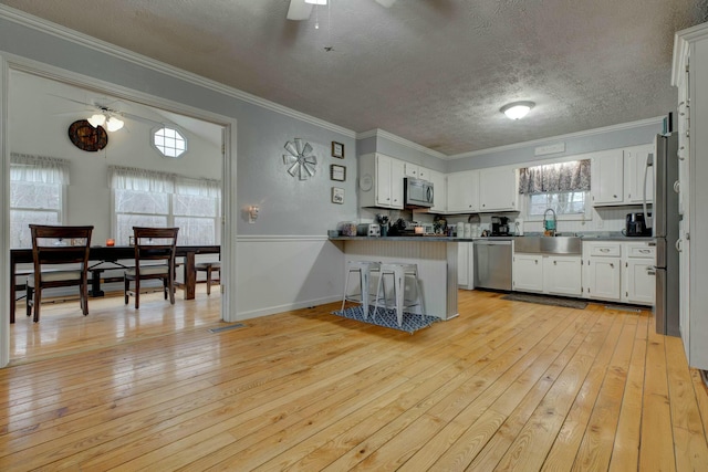 kitchen with white cabinetry, kitchen peninsula, ceiling fan, and appliances with stainless steel finishes