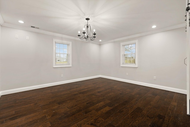 unfurnished room featuring crown molding, a chandelier, and dark wood-type flooring