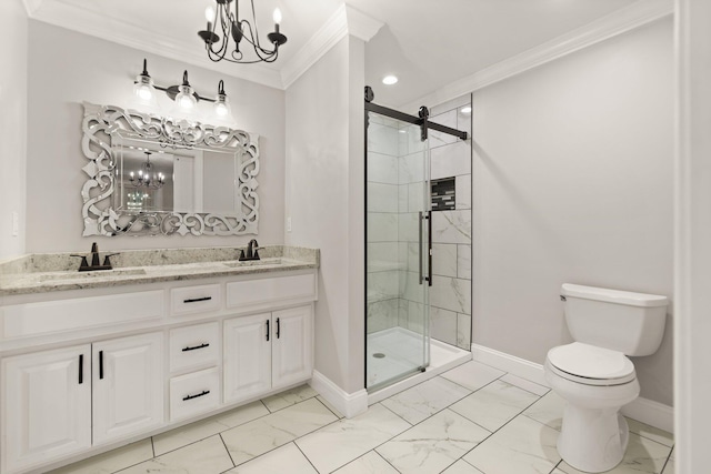 bathroom featuring crown molding, an inviting chandelier, vanity, toilet, and walk in shower