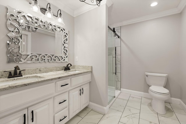 bathroom featuring ornamental molding, toilet, vanity, and walk in shower