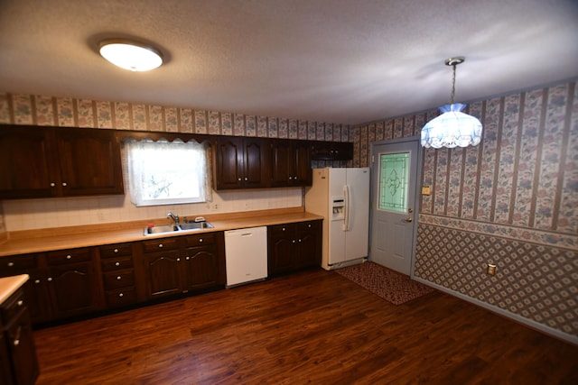 kitchen featuring white appliances, dark brown cabinetry, sink, and hanging light fixtures