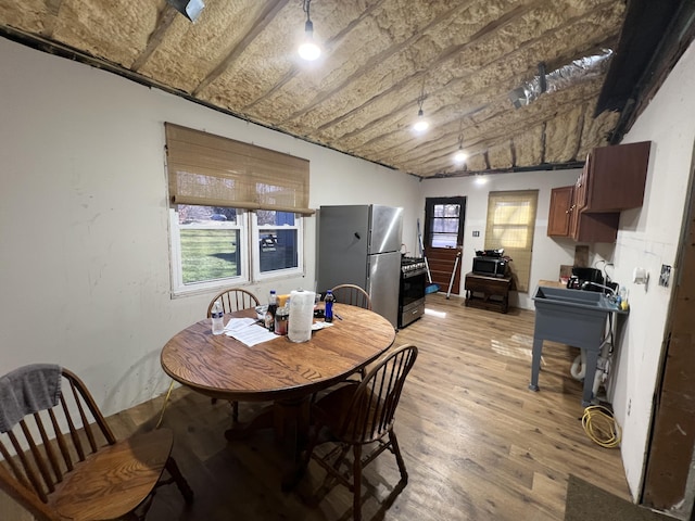 dining area with sink and light hardwood / wood-style flooring