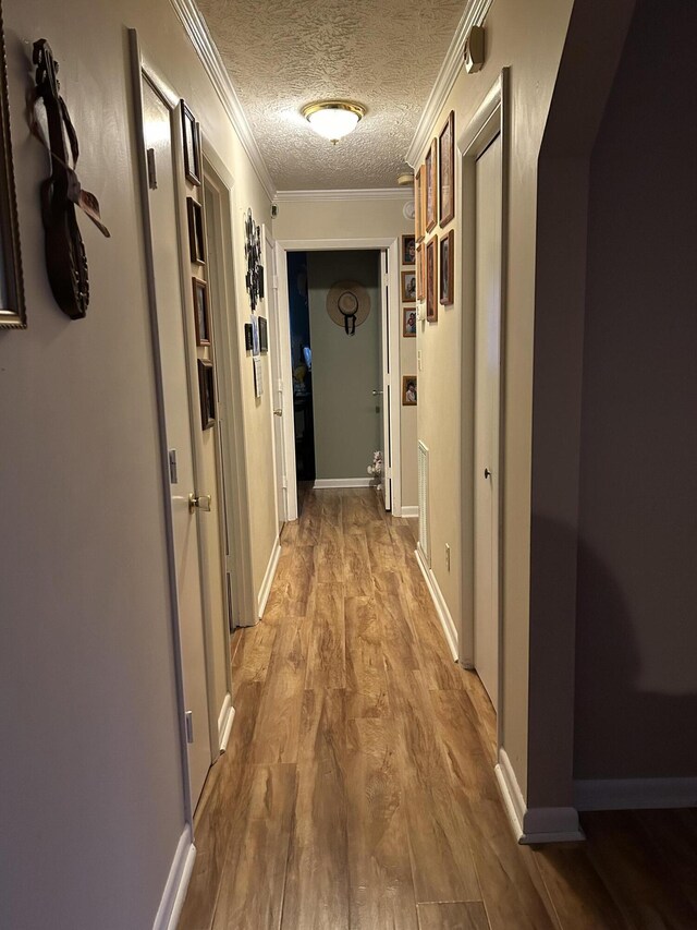 hallway featuring crown molding, wood-type flooring, and a textured ceiling