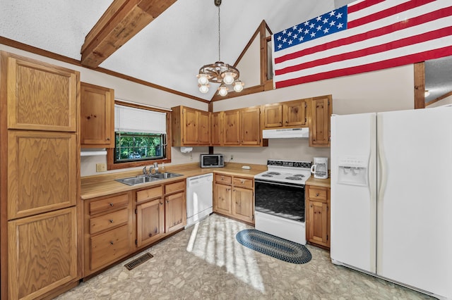 kitchen featuring vaulted ceiling with beams, light countertops, a sink, white appliances, and under cabinet range hood