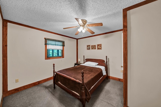 bedroom with baseboards, a ceiling fan, ornamental molding, a textured ceiling, and carpet flooring