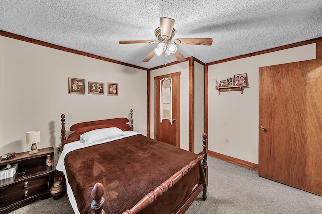 bedroom featuring carpet, crown molding, a ceiling fan, and a textured ceiling