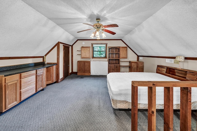 carpeted bedroom with lofted ceiling, visible vents, ceiling fan, and a textured ceiling