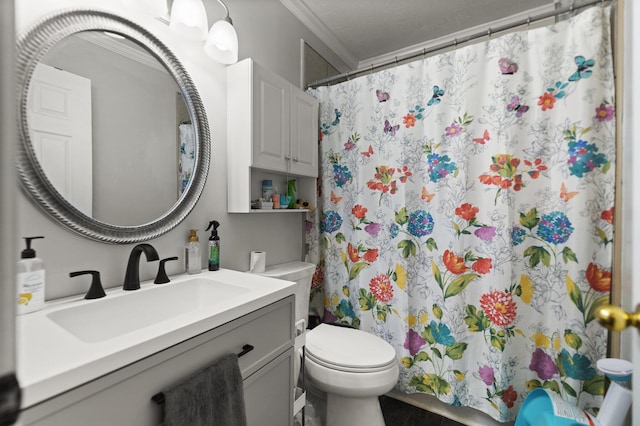 bathroom with vanity, toilet, and a shower with shower curtain