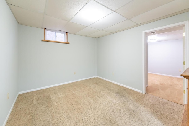 basement with carpet and a paneled ceiling