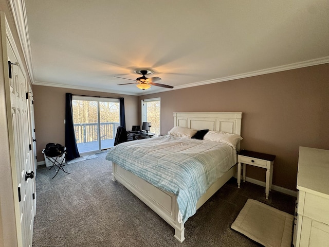 carpeted bedroom with crown molding, ceiling fan, and access to outside