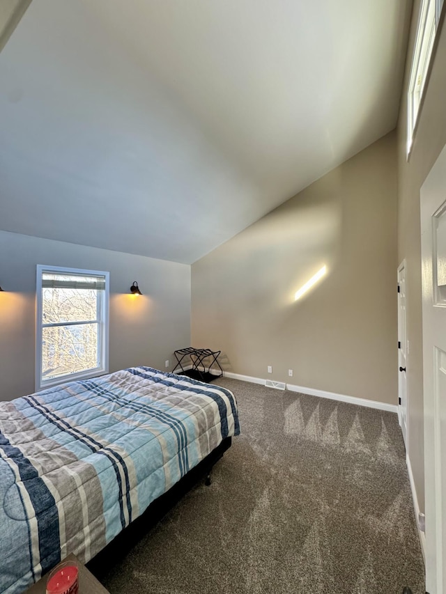 carpeted bedroom featuring vaulted ceiling