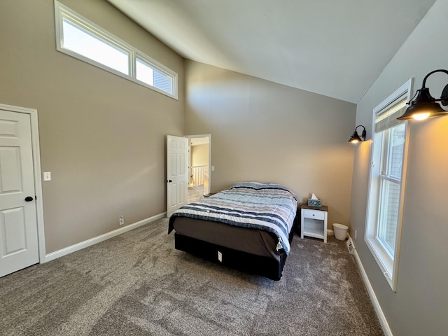 bedroom featuring high vaulted ceiling and dark carpet