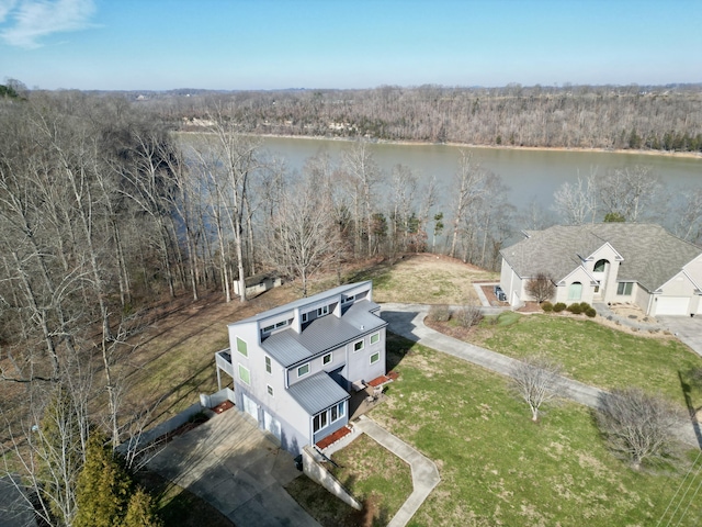 drone / aerial view with a water view