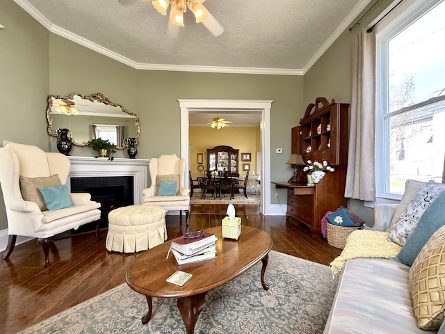 living room featuring a fireplace, hardwood / wood-style flooring, ceiling fan, crown molding, and a textured ceiling