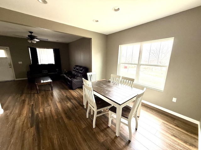 dining space with a healthy amount of sunlight, dark wood-type flooring, and ceiling fan