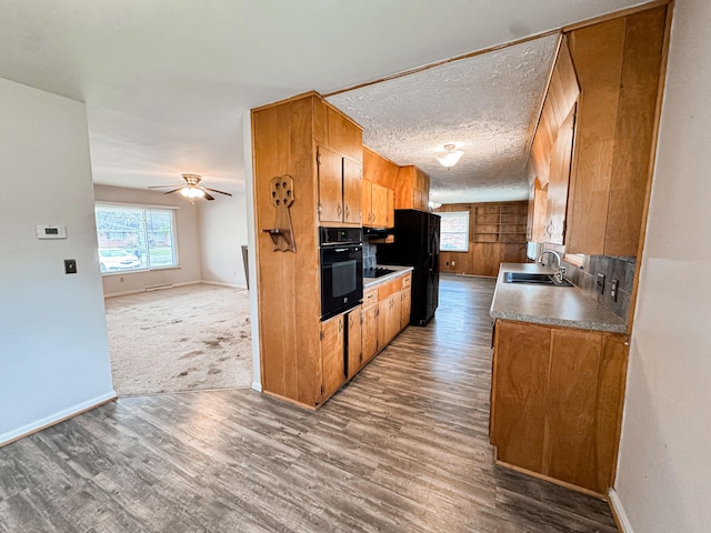 kitchen featuring plenty of natural light, dark hardwood / wood-style flooring, sink, and black appliances