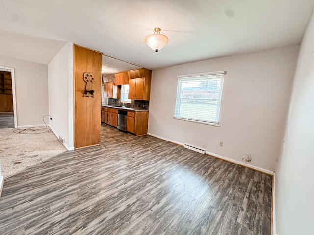 kitchen with stainless steel dishwasher, dark hardwood / wood-style floors, and sink