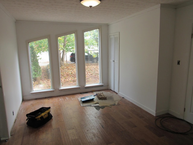 spare room featuring lofted ceiling, wood-type flooring, a textured ceiling, and a wealth of natural light