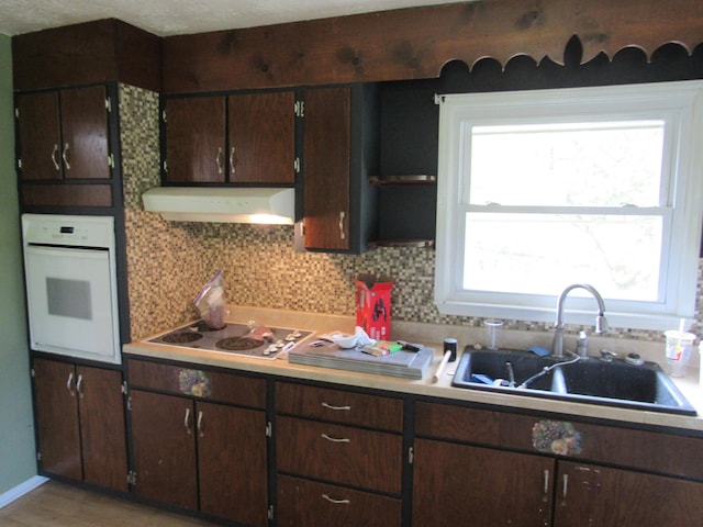 kitchen featuring dark brown cabinetry, stovetop, sink, oven, and decorative backsplash