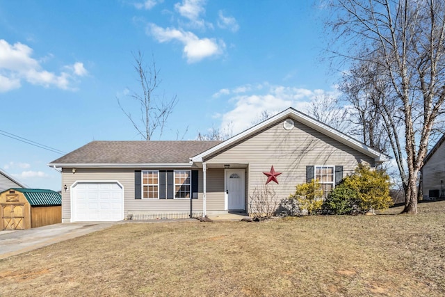 single story home featuring a garage and a front lawn