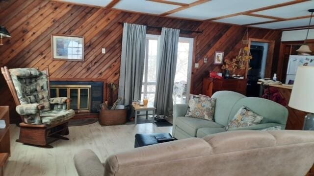 living room featuring wood walls, wood finished floors, and a glass covered fireplace