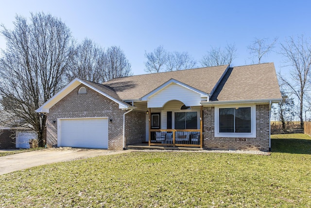 ranch-style house with a garage, a front yard, and a porch