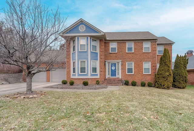 view of front of property with driveway, brick siding, a front lawn, and an attached garage