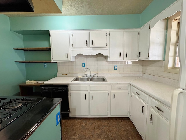 kitchen with sink, black dishwasher, a textured ceiling, white cabinets, and decorative backsplash