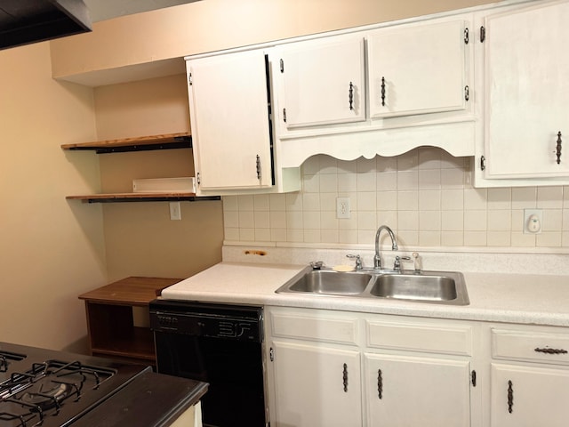 kitchen featuring dishwasher, a sink, open shelves, decorative backsplash, and white cabinets