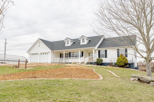 cape cod-style house featuring a garage, a front yard, and a porch