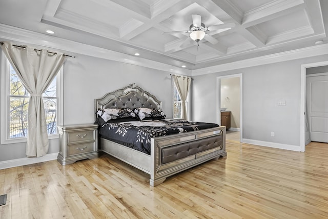 bedroom with coffered ceiling, beam ceiling, and light hardwood / wood-style flooring