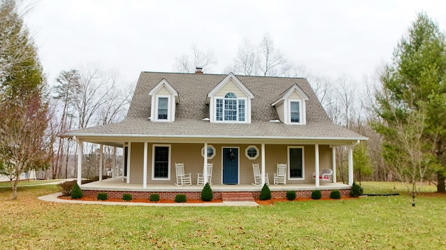 farmhouse featuring a front yard, a porch, and roof with shingles