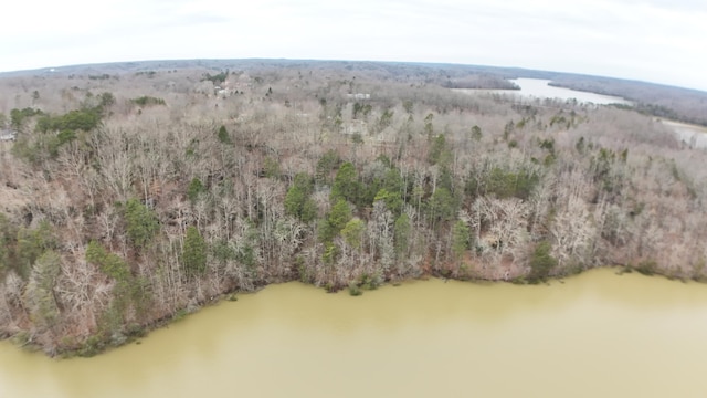 birds eye view of property featuring a water view and a wooded view