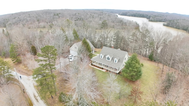 bird's eye view featuring a water view and a wooded view