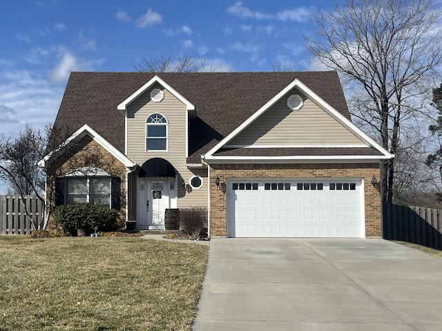 view of front of home with brick siding, fence, a garage, and driveway