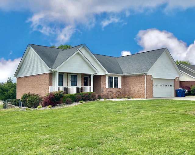 ranch-style house with brick siding, an attached garage, a porch, and a front yard