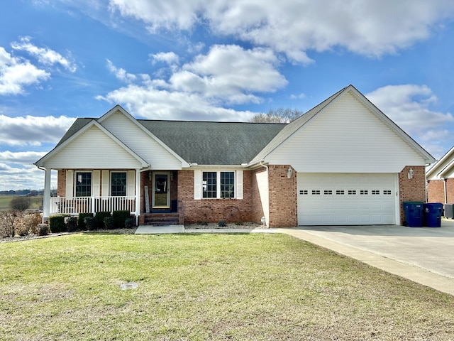 ranch-style home with a porch, a garage, and a front lawn