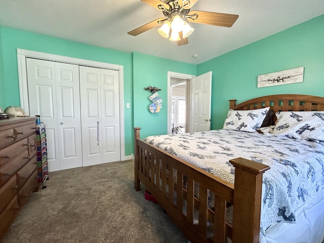 carpeted bedroom featuring a closet and ceiling fan