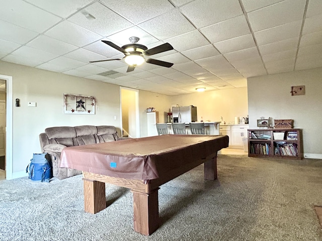 playroom with pool table, carpet flooring, and a drop ceiling