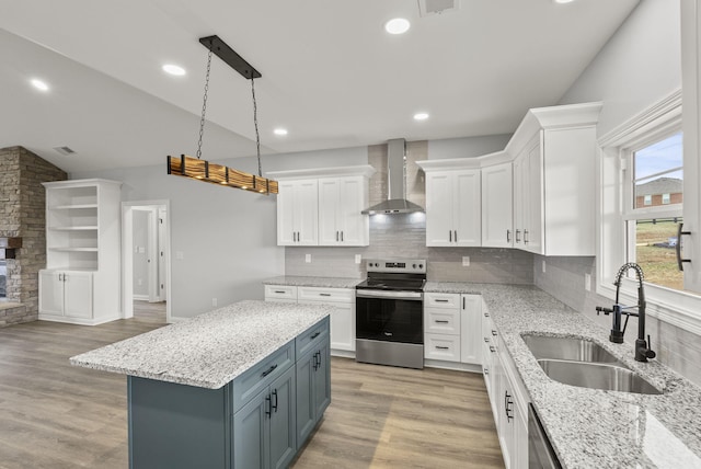 204 Max Cavnes Rd, Danville, KY 40422 - kitchen featuring light wood-style flooring, a sink, stainless steel electric stove, wall chimney exhaust hood, and white cabinets