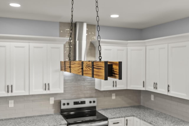 204 Max Cavnes Rd, Danville, KY 40422 - kitchen featuring white cabinetry, decorative backsplash, stainless steel range with electric stovetop, and light stone counters