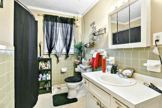 full bath with toilet, crown molding, a textured ceiling, and vanity