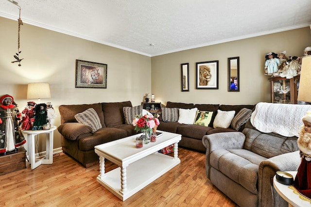 living area with a textured ceiling, ornamental molding, and wood finished floors