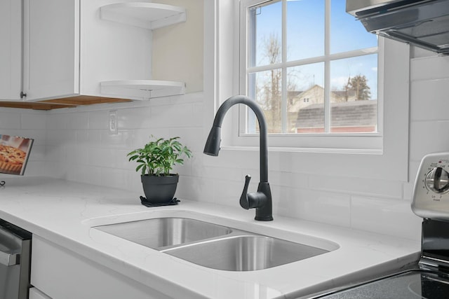 interior details featuring stainless steel dishwasher, white cabinetry, decorative backsplash, and a sink