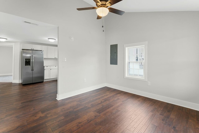 unfurnished living room with baseboards, electric panel, visible vents, and dark wood finished floors