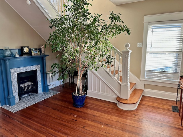 interior space with a healthy amount of sunlight, a fireplace, and wood finished floors