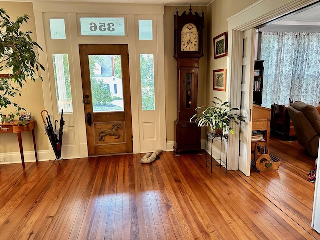 foyer entrance with baseboards and wood finished floors