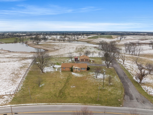 aerial view featuring a water view and a rural view